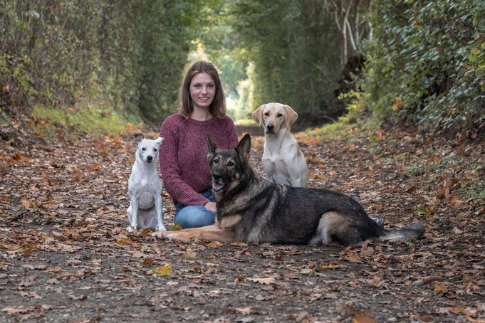 Hannah im wald mit ihren drei hunden kimba, terrier, hummel, schäferhund und klee, labrador